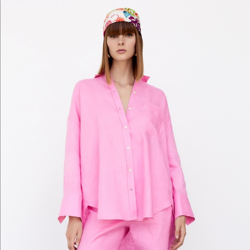 Zara Pink Long Sleeve Button Up Linen Shirt